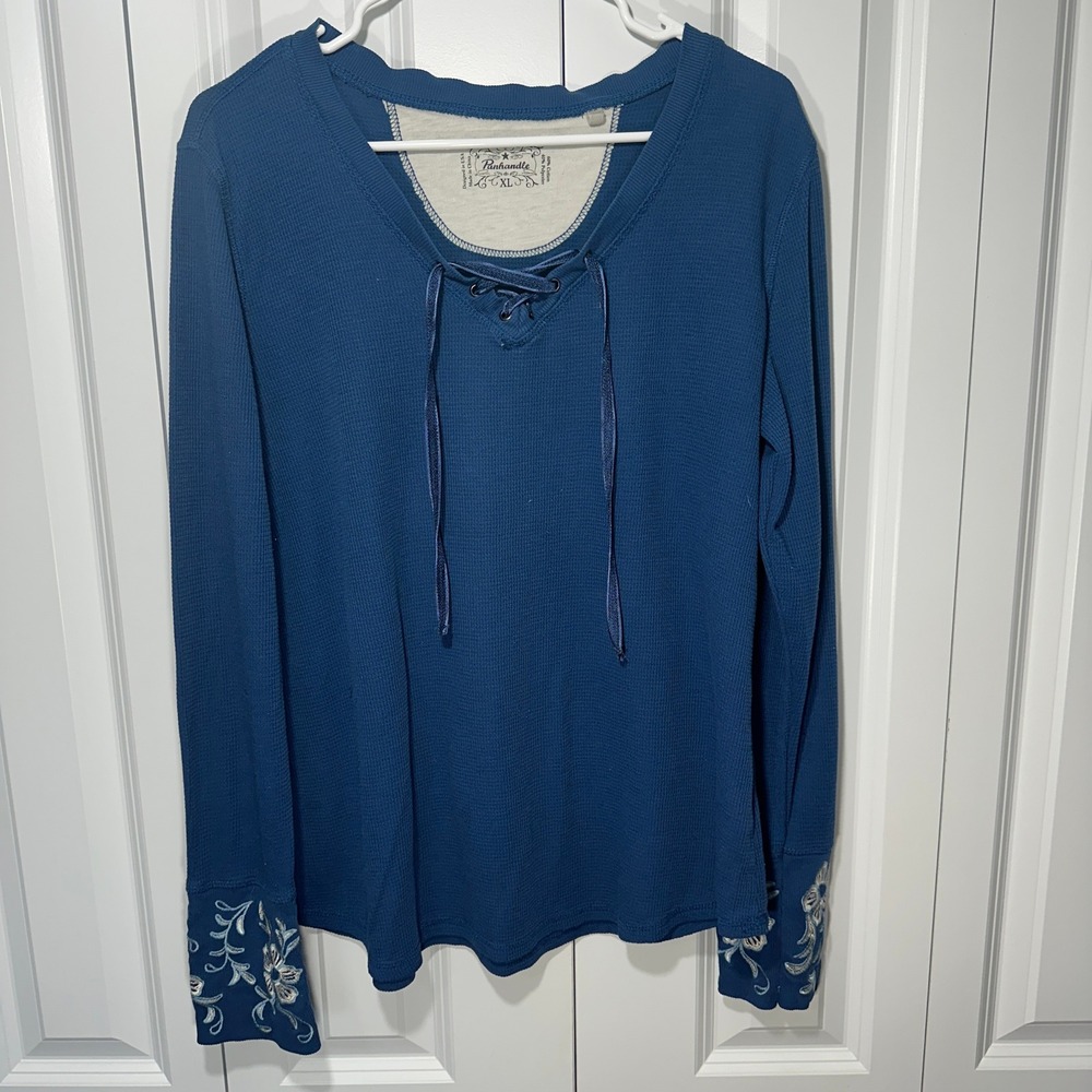 Y2K Panhandle Waffle Knit Thermal Top Womens XL Blue Lace Up Floral Embroidered